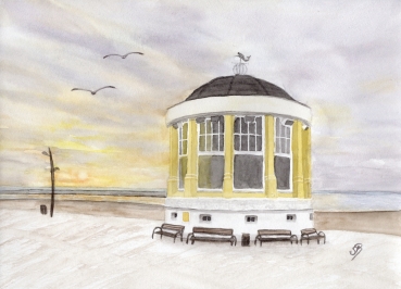 Poster DIN-A4 Aquarell Maritim Kunst Druck Kunstdruck Nordsee Pavillon Musikpavillon Insel Borkum Meer Strand